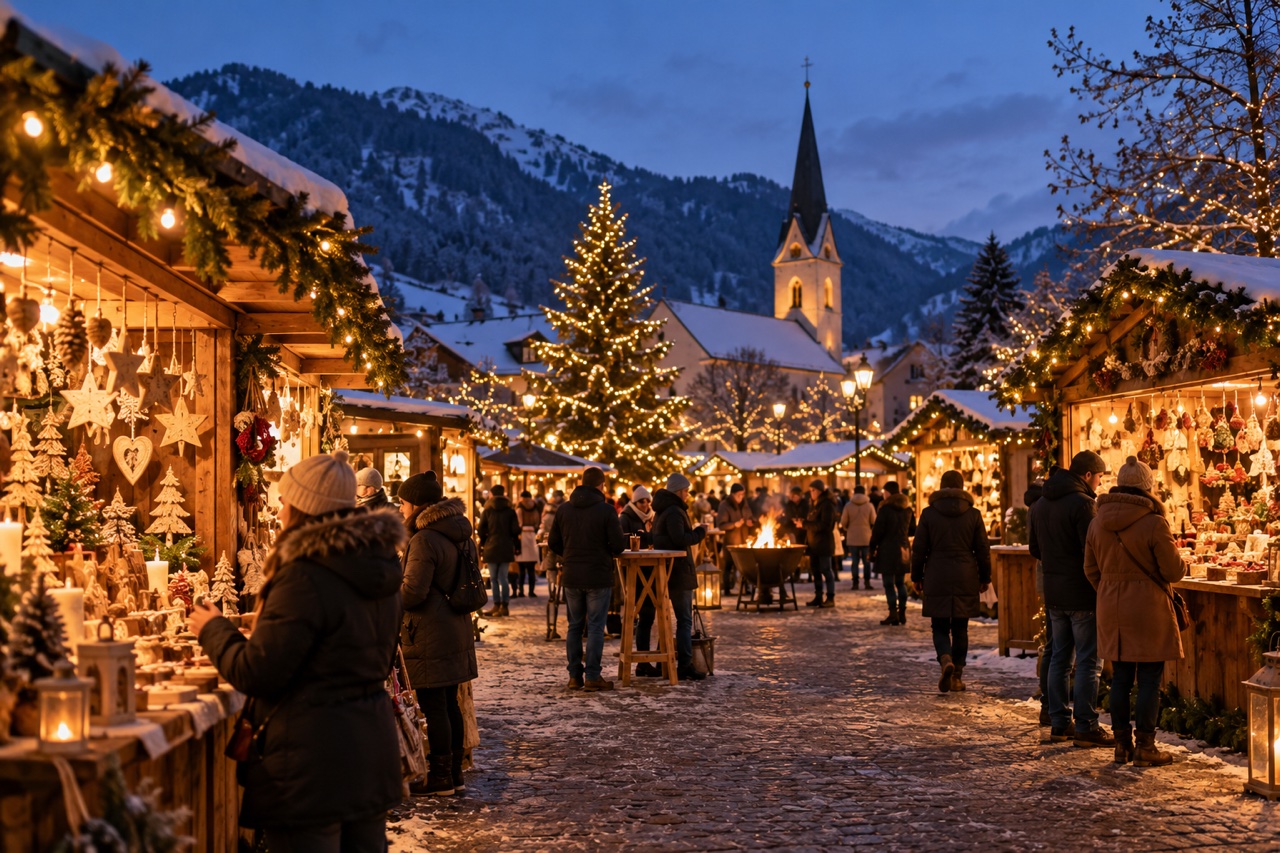 Festlich beleuchteter Adventsmarkt in einem alpinen Ortskern; KI-Symbolbild, keine Aufnahme des angekündigten Markts.