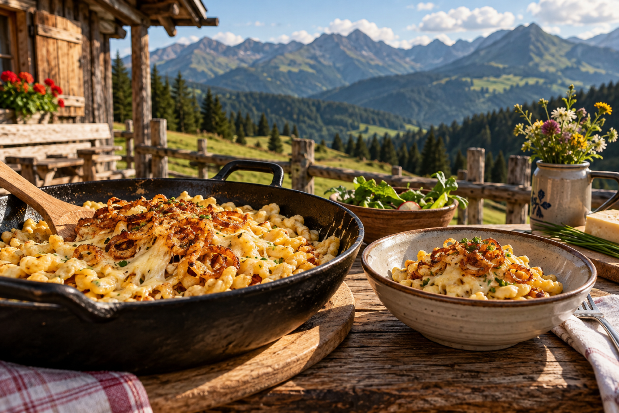 Kässpatzen in einer Almhütte mit Bergpanorama; KI-Symbolbild, keine Aufnahme der Veranstaltung.