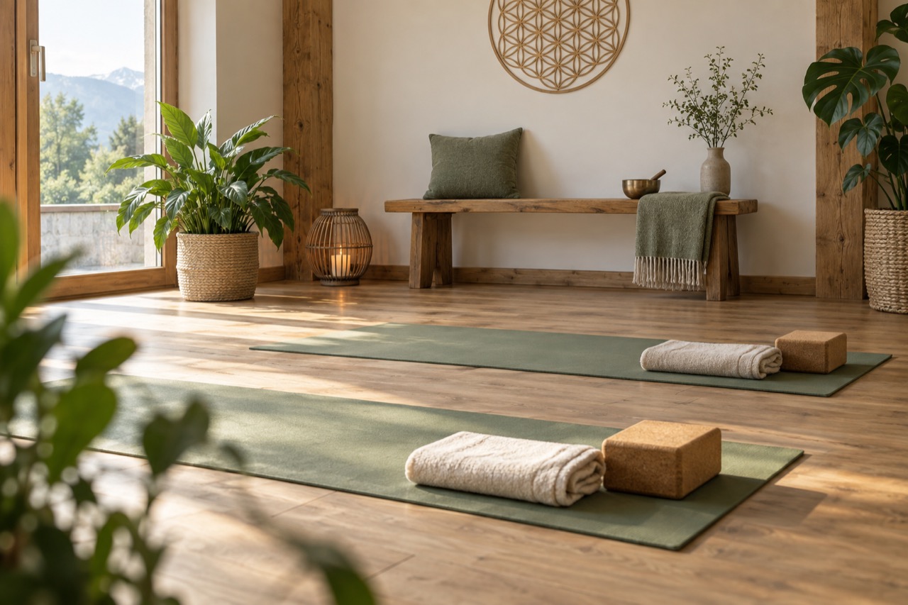 Ruhiger Yogaraum mit Matten und Bergblick; KI-Symbolbild, keine Aufnahme des Kurses.