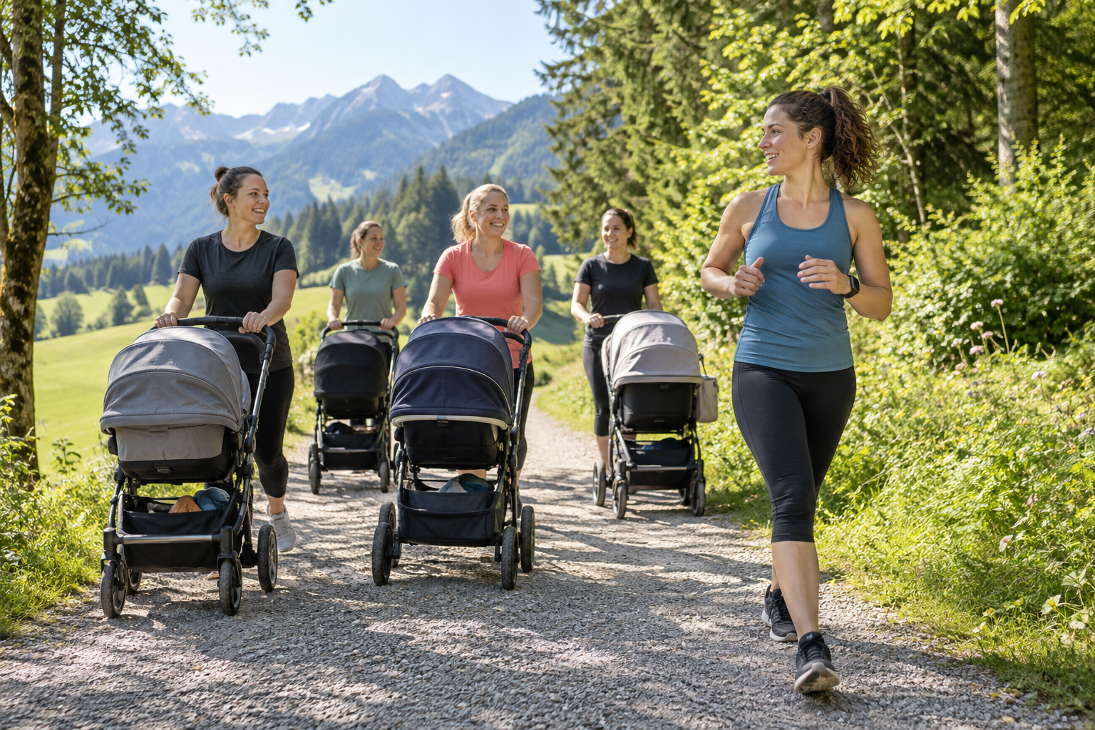 Bewegungskurs mit Kinderwagen im Freien; KI-Symbolbild, keine Aufnahme dieses Kurses.