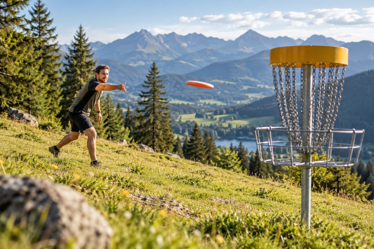 Flugscheibe trifft einen Disc-Golf-Korb in einer alpinen Parklandschaft; KI-Symbolbild, keine Aufnahme der Veranstaltung.