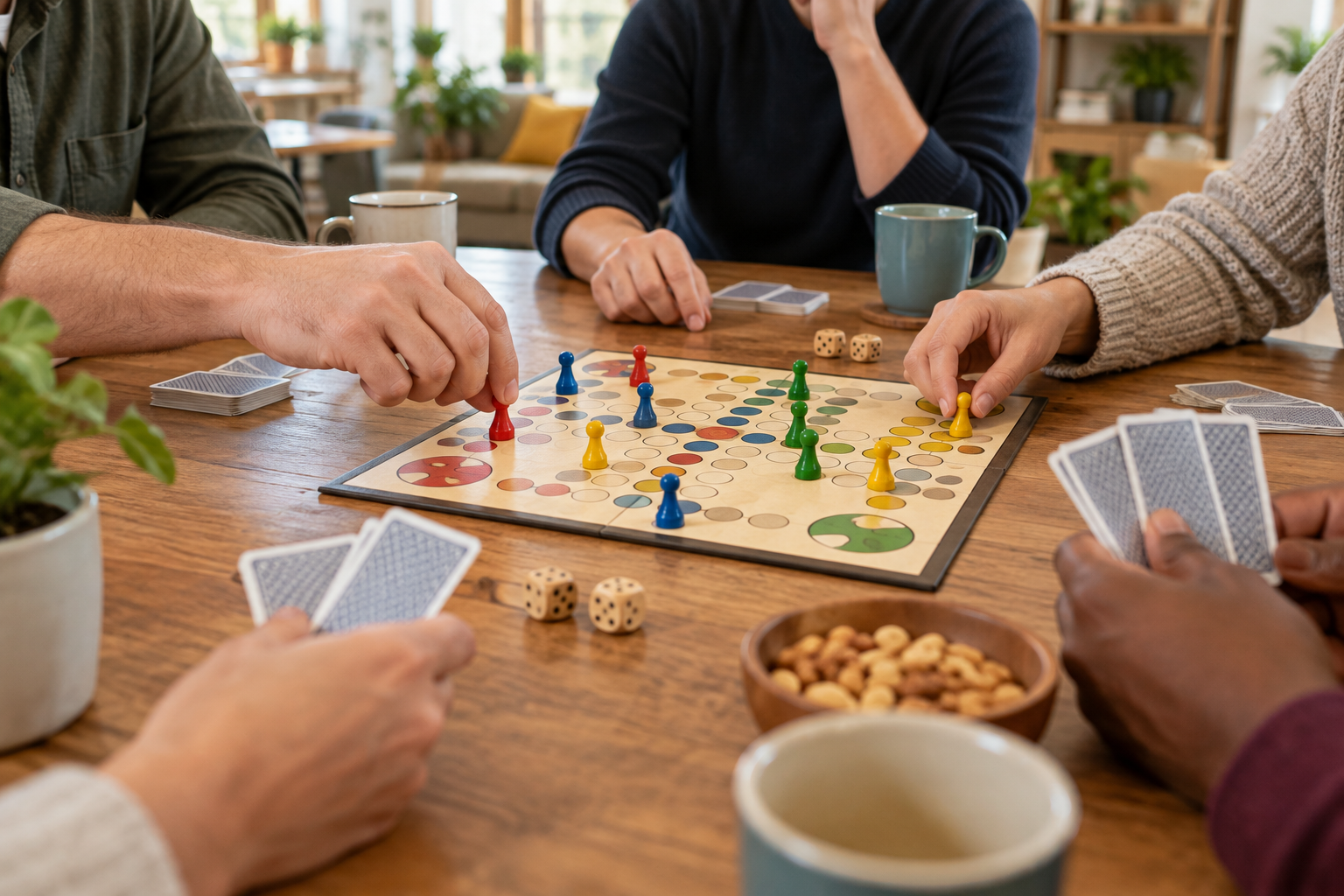 Erwachsene spielen mit Karten und Spielfiguren; KI-Symbolbild, keine Aufnahme des angekündigten Spieletreffs.