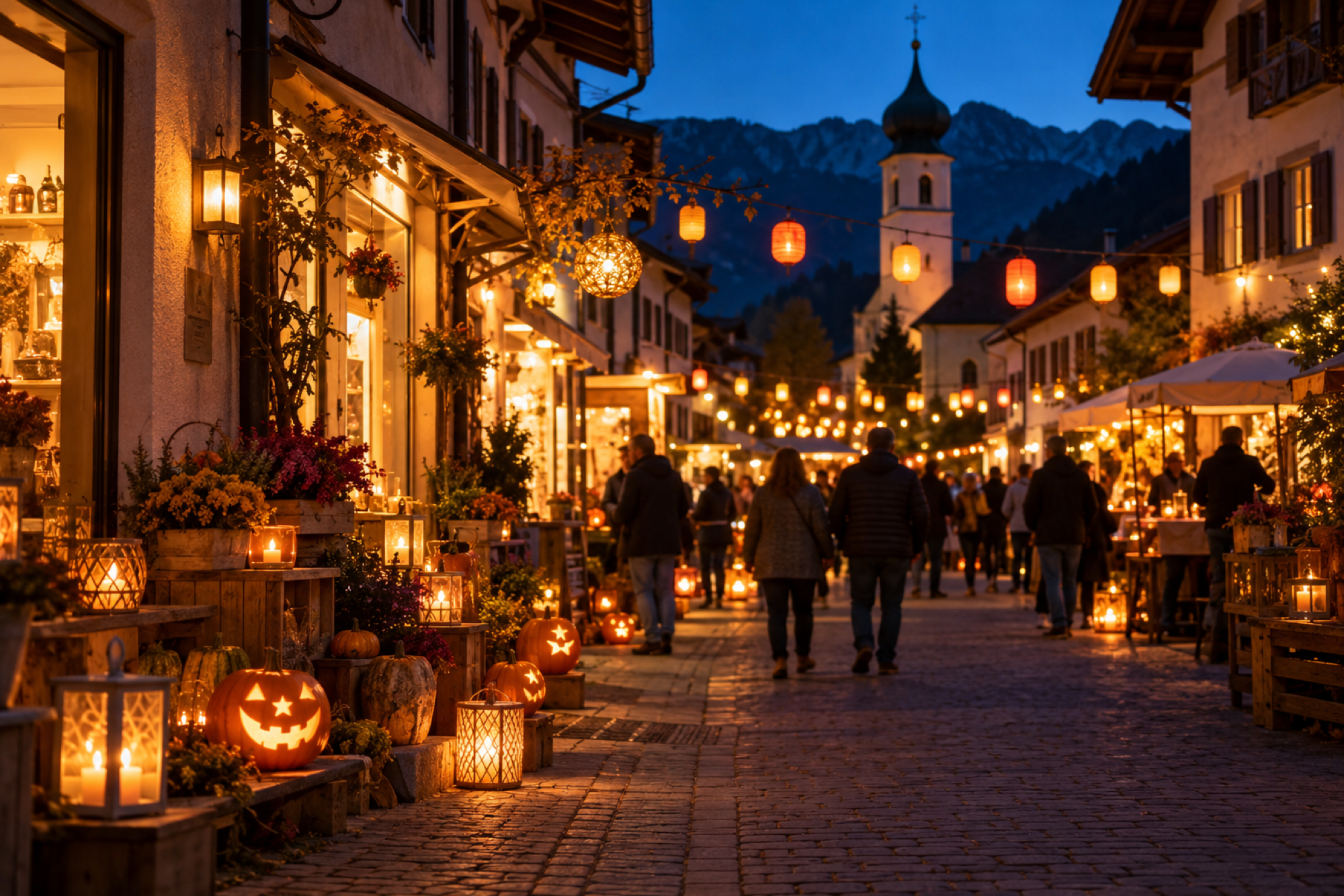Beleuchtete Dorfstraße mit Kerzen, Laternen und leuchtenden Kürbisgesichtern; KI-Symbolbild, keine Aufnahme des Lichterfests.