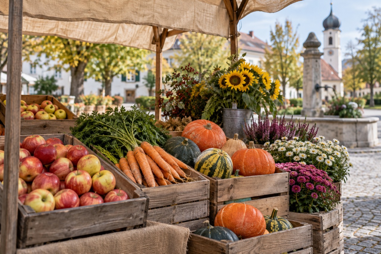 Regionaler Marktstand mit Obst, Gemüse und Blumen; KI-Symbolbild, keine Aufnahme dieses Wochenmarkts.