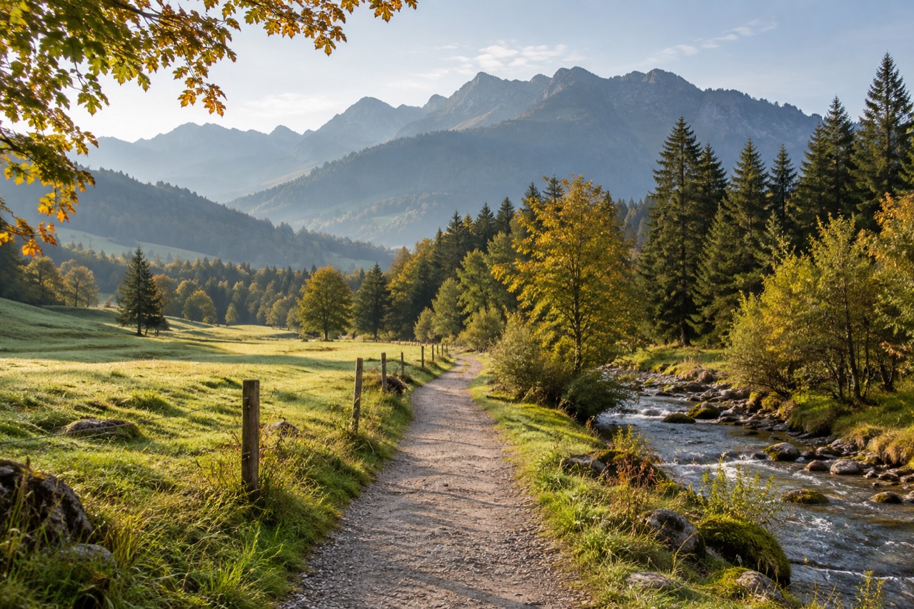 Waldweg an einem alpinen Bach; KI-Symbolbild, keine Aufnahme der Veranstaltung.