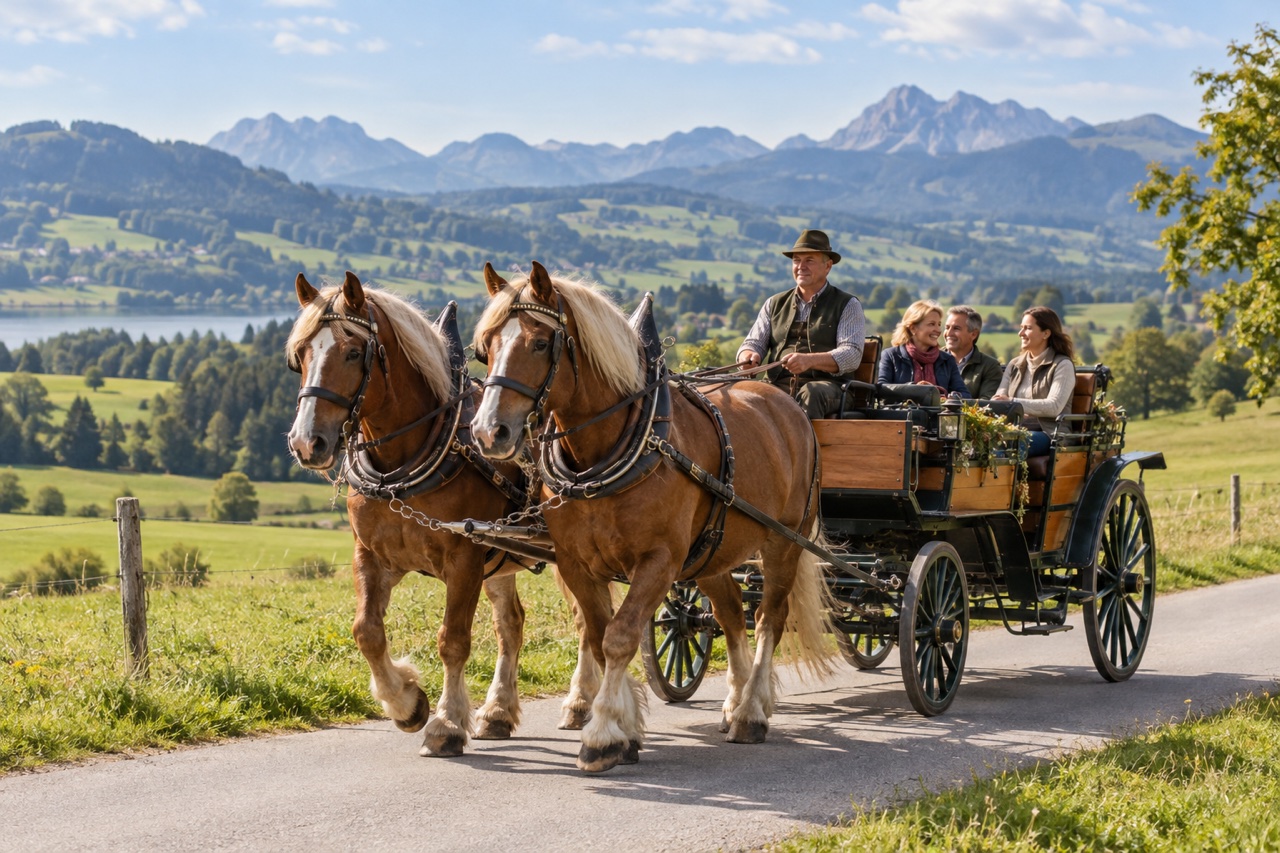 Pferdekutsche auf einem Weg in der Allgäuer Landschaft; KI-Symbolbild, keine Aufnahme der angekündigten Fahrt.