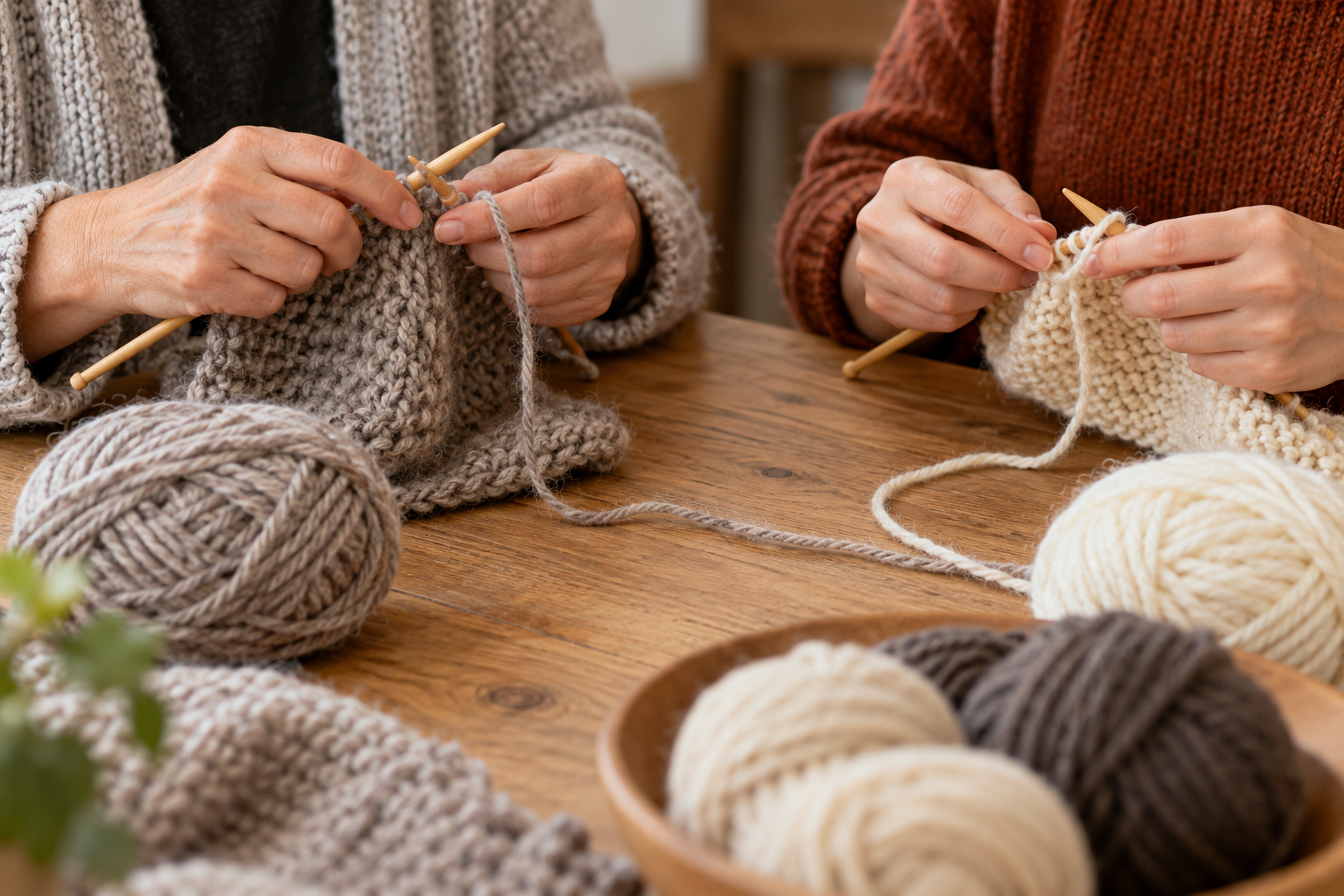 Hände beim Stricken mit Wolle an einem Tisch; KI-Symbolbild, keine Aufnahme des angekündigten Treffens.
