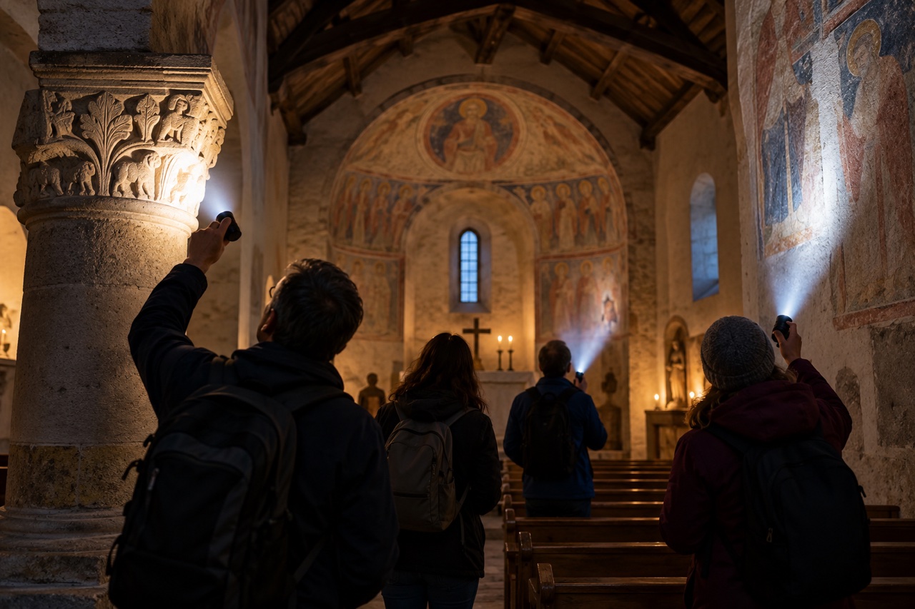 Besucher erkunden mit Taschenlampen die Details einer historischen Kirche; KI-Symbolbild, keine Aufnahme der angekündigten Führung oder Kirche.
